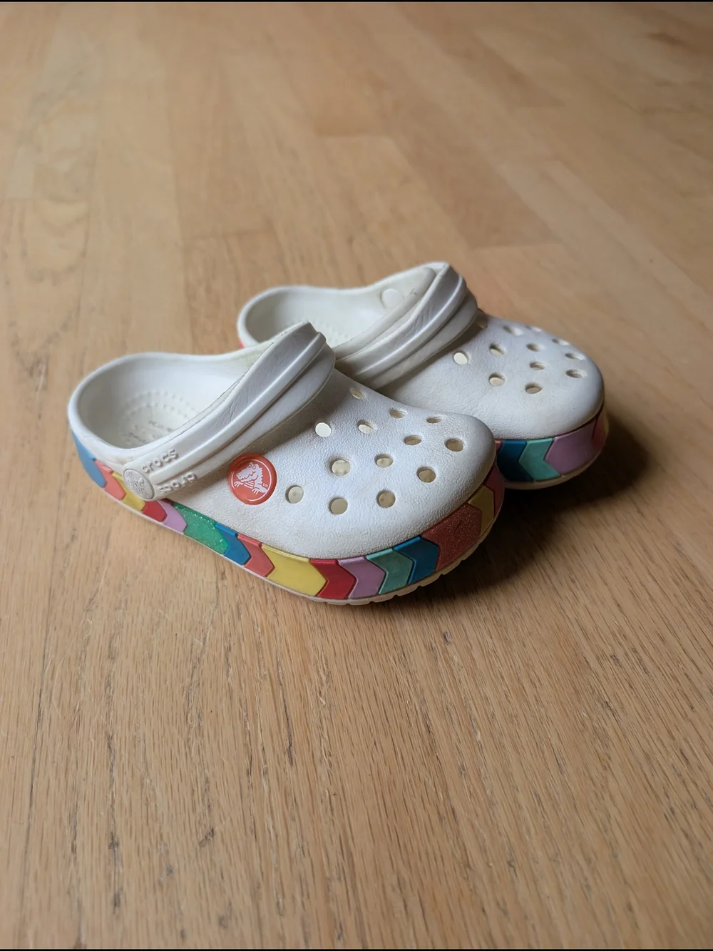CROCS Kids White Clogs with Rainbow Chevron Platform